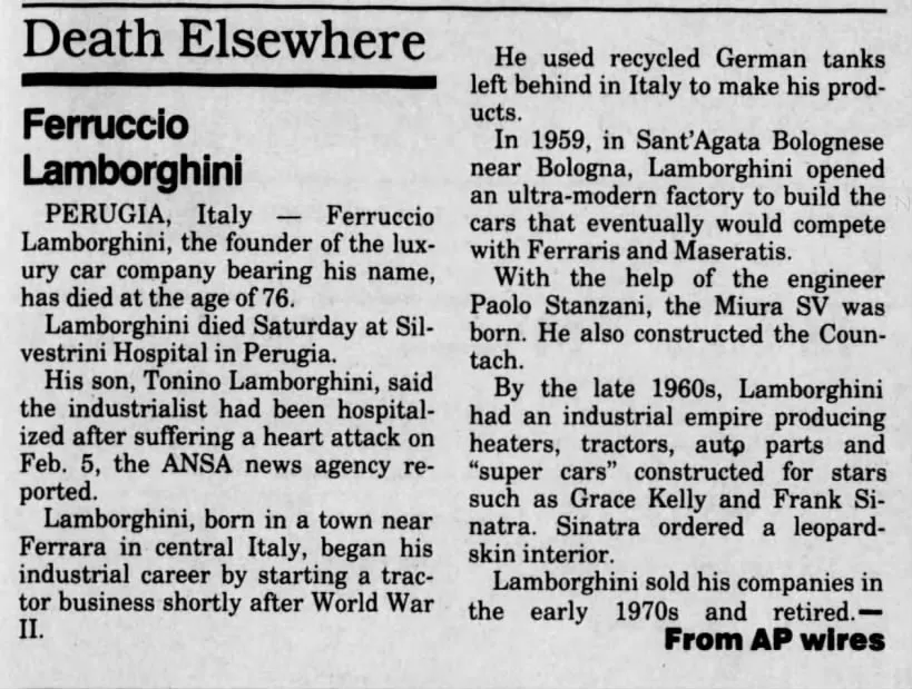 Článek o smrti Ferruccia Lombarghiniho v roce 1993