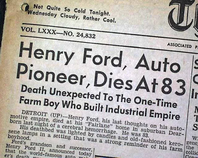 Článek o smrti Henryho Forda 1947