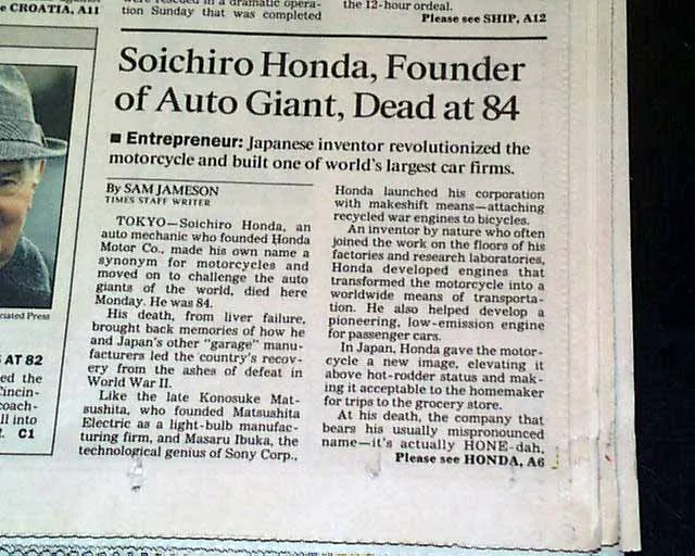 První reportáž o smrti Soichiro Hondy - Los Angeles Times 1991